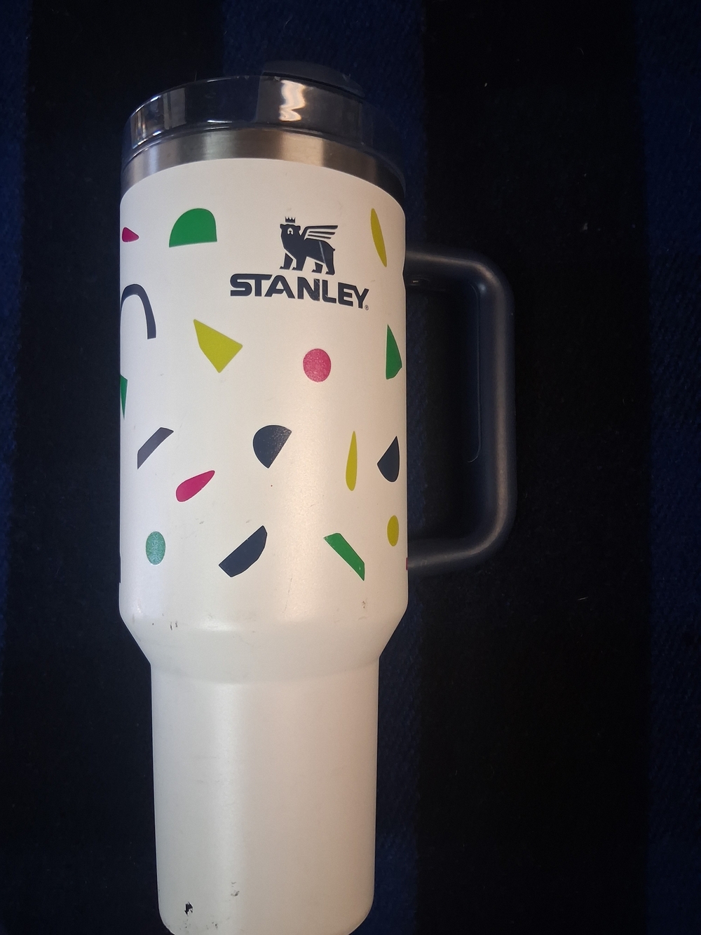 Stanley White Travel Mug with Colorful Geometric Accents